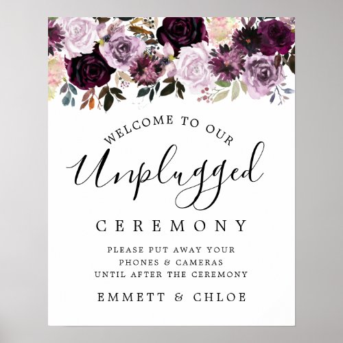 Pink Purple Floral Unplugged Wedding Ceremony Sign