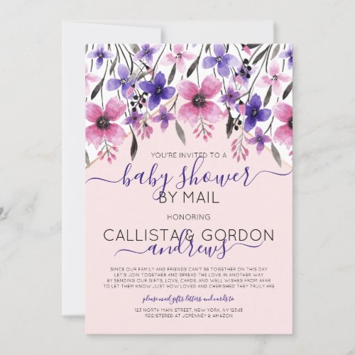 Pink Purple Floral Watercolor Baby Shower by Mail Invitation