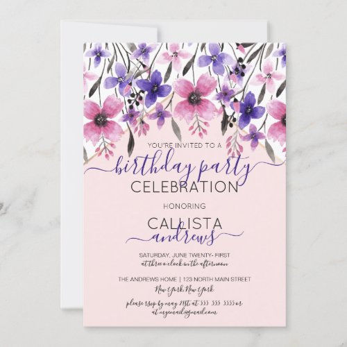 Pink Purple Floral Watercolor Birthday Party Invitation