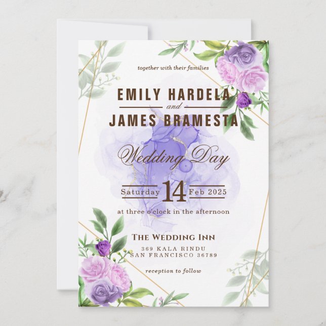 Pink Purple Floral Watercolor Budget Wedding Invitation (Front)