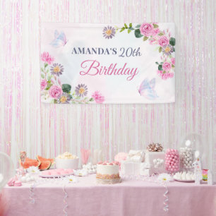 Pink purple floral watercolor butterfly banner