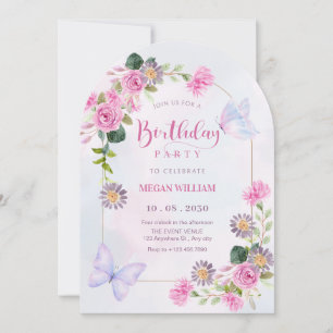 Pink purple floral watercolor butterfly birthday invitation