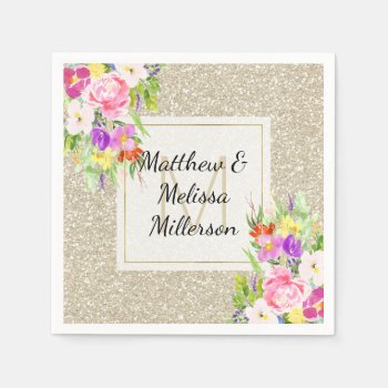 Pink Purple Floral Watercolor Gold Sparkle Paper Napkins by peacefuldreams at Zazzle
