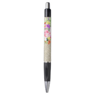 Pink Purple Floral Watercolor Gold Sparkle Pen