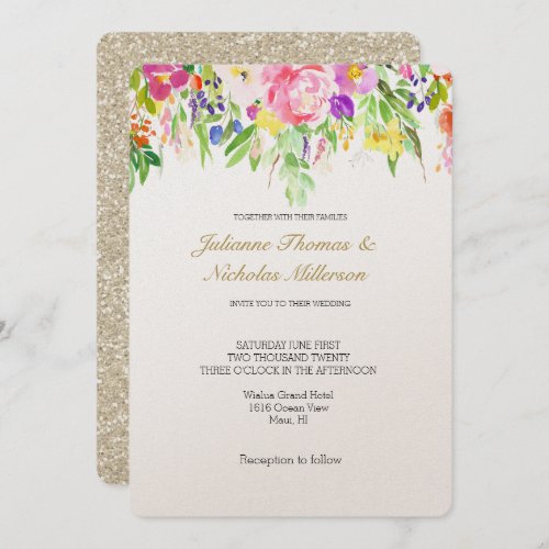 Pink Purple Floral Watercolor Gold Sparkle Wedding Invitation
