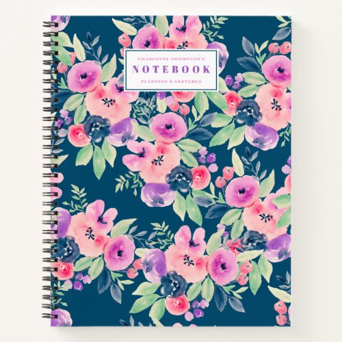 Pink purple floral watercolor name navy blue notebook