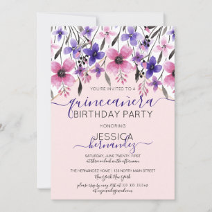 Pink Purple Floral Watercolor Quinceañera Invitation