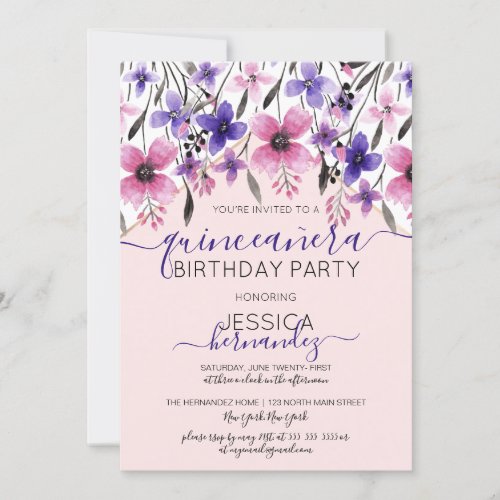 Pink Purple Floral Watercolor Quinceaera Invitation