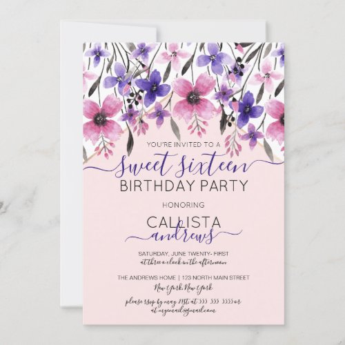 Pink Purple Floral Watercolor Sweet 16 Invitation