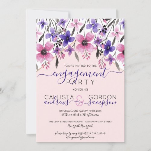 Pink Purple Floral Watercolor Wedding Engagement Invitation