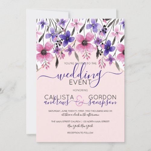 Pink Purple Floral Watercolor Wedding Invitation