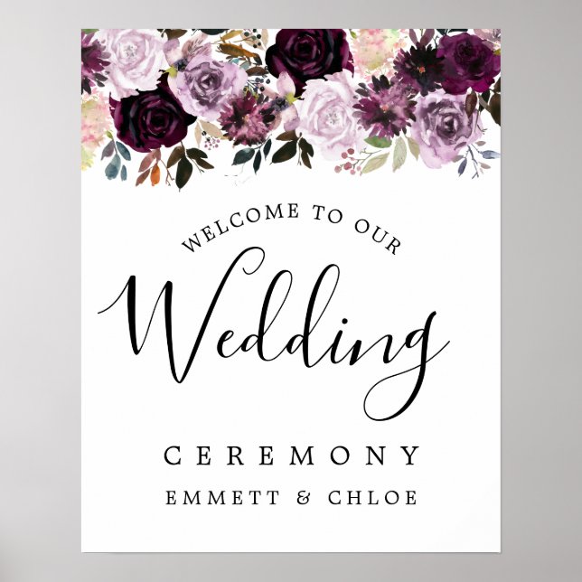 Pink Purple Floral Wedding Ceremony Welcome Sign (Front)