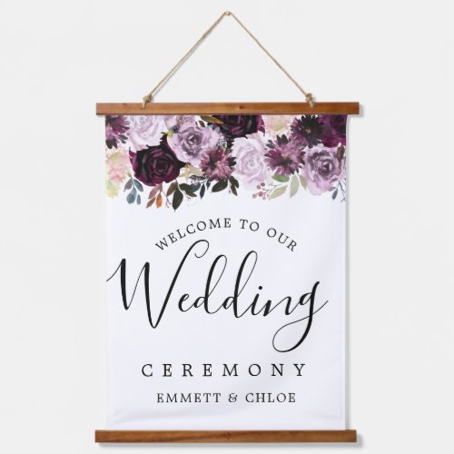 Pink Purple Floral Wedding Ceremony Welcome Sign Hanging Tapestry