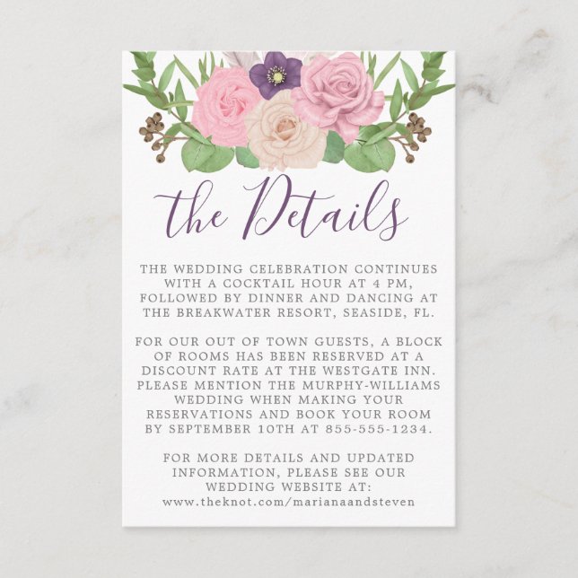 Pink Purple Floral Wedding Details Card (Front)