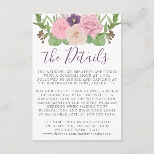 Pink Purple Floral Wedding Details Card