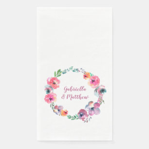 Pink Purple Floral Wedding Names Wreath Custom Paper Guest Towels