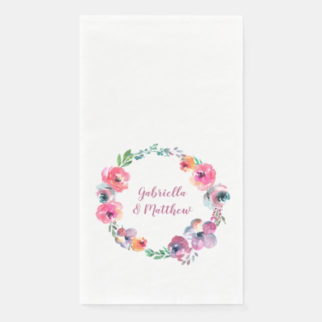 Pink Purple Floral Wedding Names Wreath Custom Paper Guest Towels (Front)