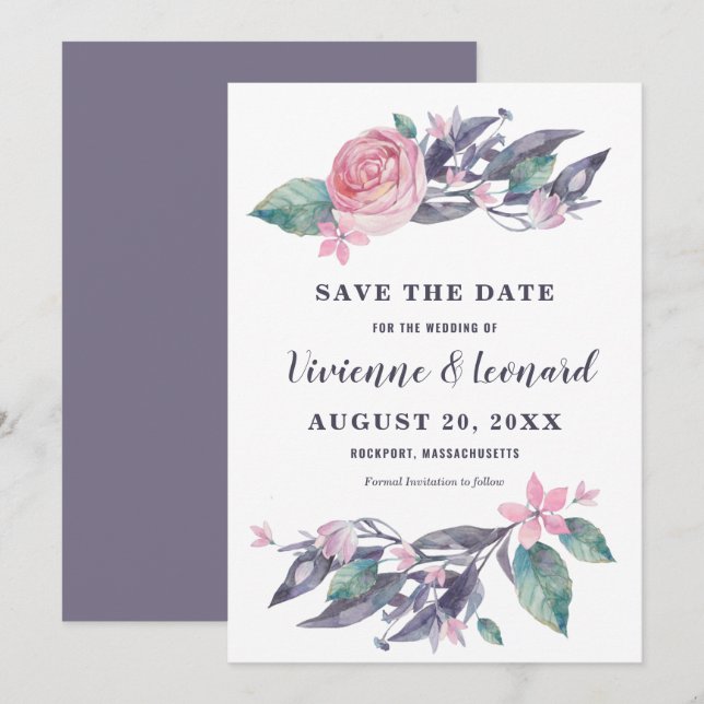 Pink Purple Floral Wedding Save the Date Card (Front/Back)