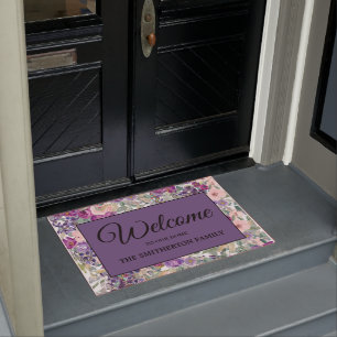 Pink Purple Floral Welcome Family Name Doormat
