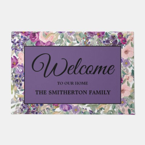 Pink Purple Floral Welcome Family Name Doormat