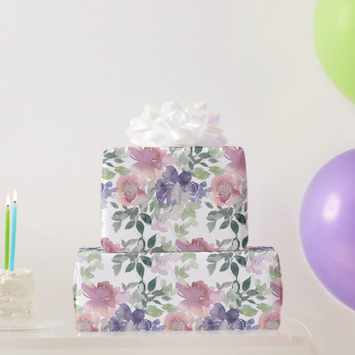 Pink Purple Floral White Background Wrapping Paper