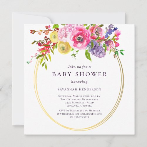 Pink Purple Floral With Gold Accents Baby Shower I Invitation