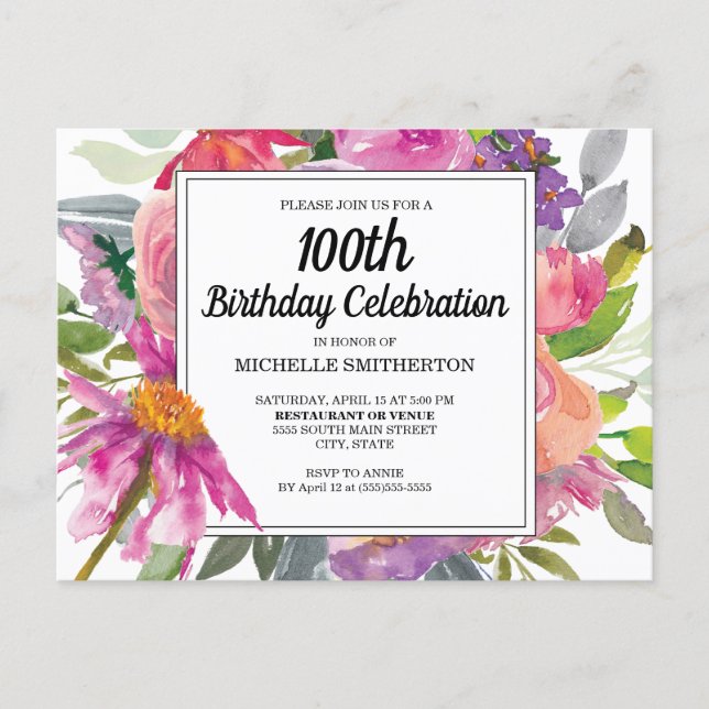 Pink Purple Floral Women's 100th Birthday Invitation Postcard (Front)