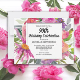 Pink Purple Floral Women&#39;s 90th Birthday Invitation