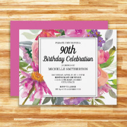 Pink Purple Floral Women&#39;s 90th Birthday Invitation