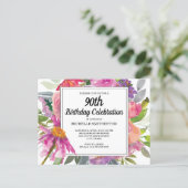 Pink Purple Floral Women's 90th Birthday Invitation Postcard (Standing Front)