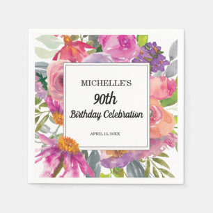 Pink Purple Floral Women's 90th Birthday Napkins
