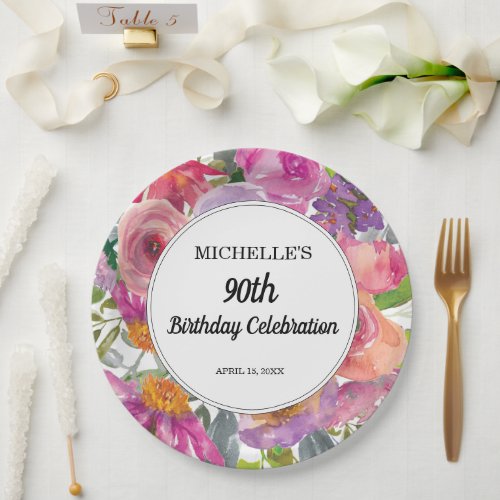 Pink Purple Floral Womens 90th Birthday Paper Plates