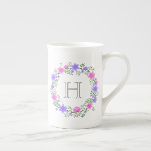 Pink  Purple Floral Wreath Monogrammed China Mug