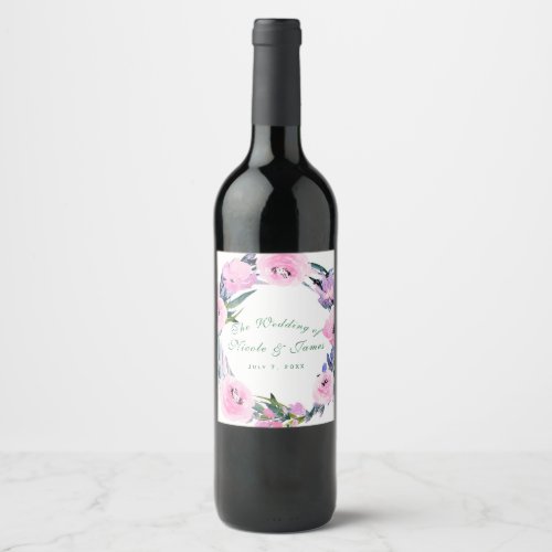 Pink Purple Floral Wreath Watercolor Custom Wine Wine Label