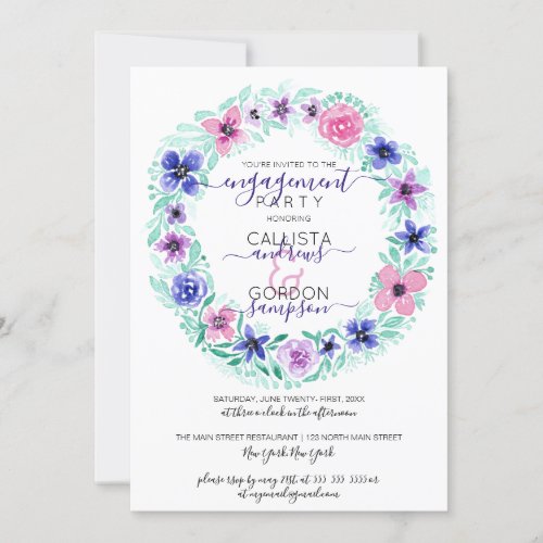 Pink Purple Floral Wreath Watercolor Engagement Invitation