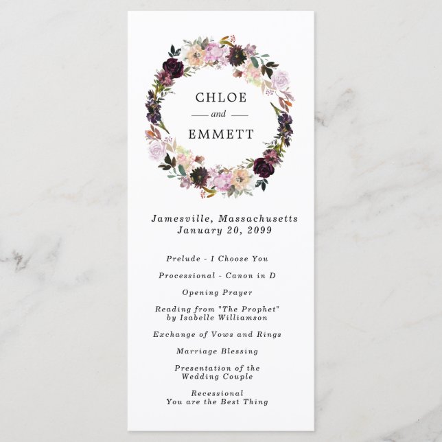 Pink Purple Floral Wreath Wedding Ceremony Program (Front)
