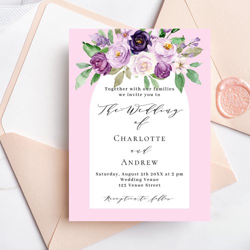 Pink purple florals arch budget wedding invitation