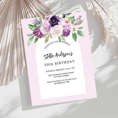 Pink purple florals budget birthday invitation