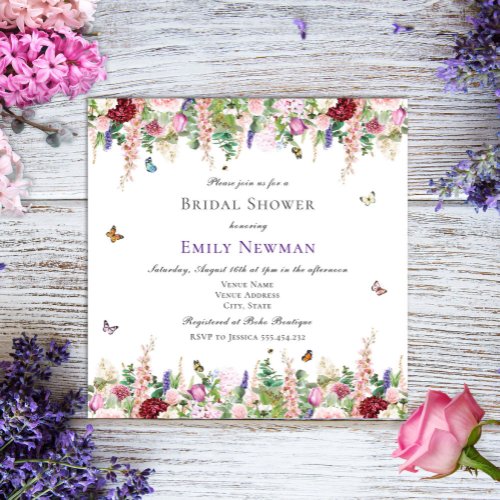 Pink Purple Florals  Butterflies Bridal Shower Invitation