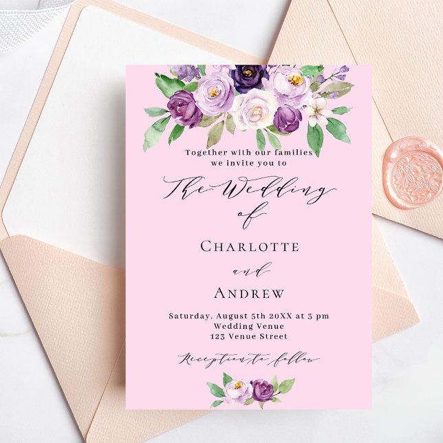 Pink purple florals greenery script wedding invitation postcard (Creator Uploaded)