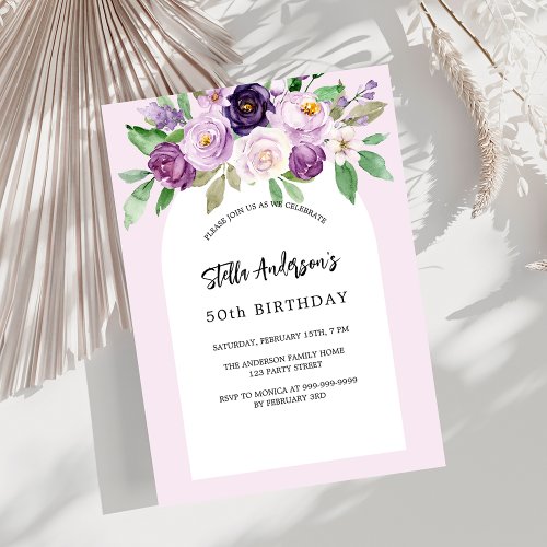 Pink purple florals luxury birthday invitation