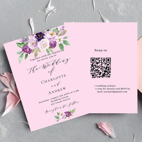 Pink purple florals QR budget wedding invitation