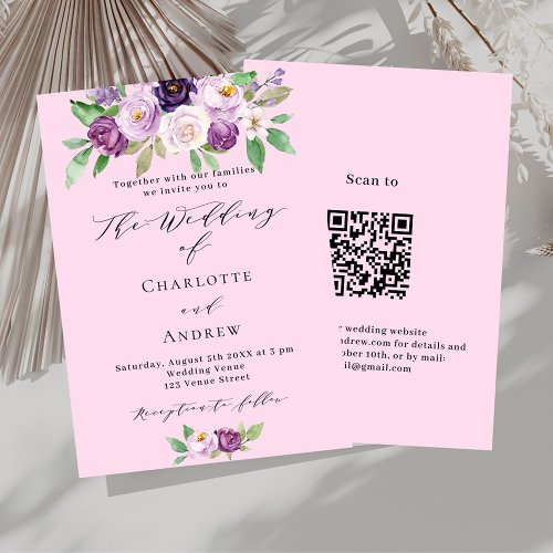 Pink purple florals QR code details RSVP wedding Invitation