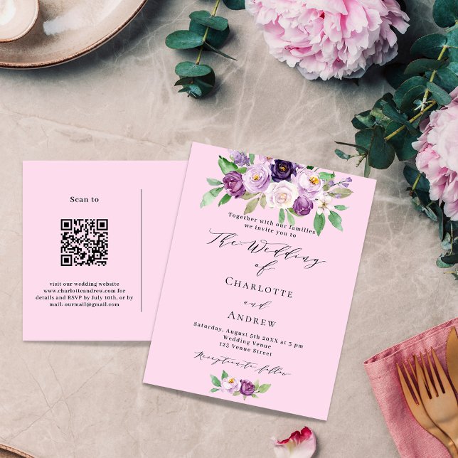 Pink purple florals QR code details RSVP wedding Invitation Postcard (Creator Uploaded)