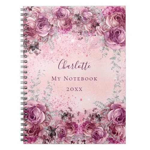 Pink purple florals roses silver name script  notebook