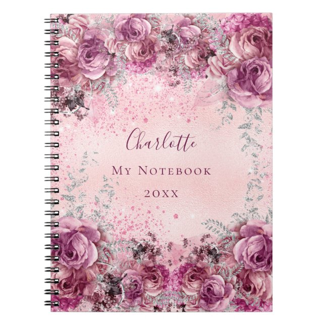 Pink purple florals roses silver name script  notebook (Front)