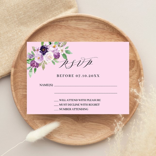 Pink purple florals wedding response RSVP Note Card (Creator Uploaded)