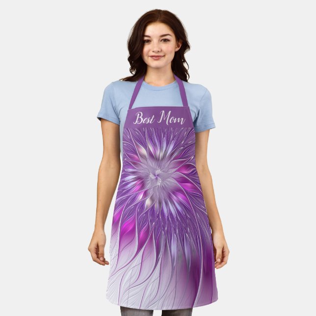 Pink Purple Flower Abstract Fractal Art Best Mom Apron (Worn)