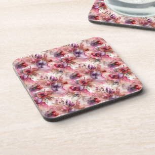 Pink & Purple Flower Alcohol Ink  Beverage Coaster