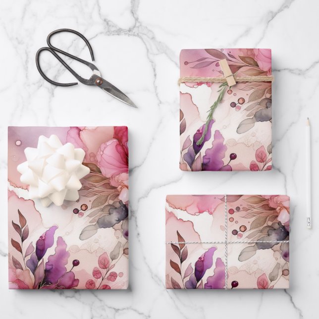 Pink & Purple Flower Alcohol Ink Large Print Wrapping Paper Sheets (Front)